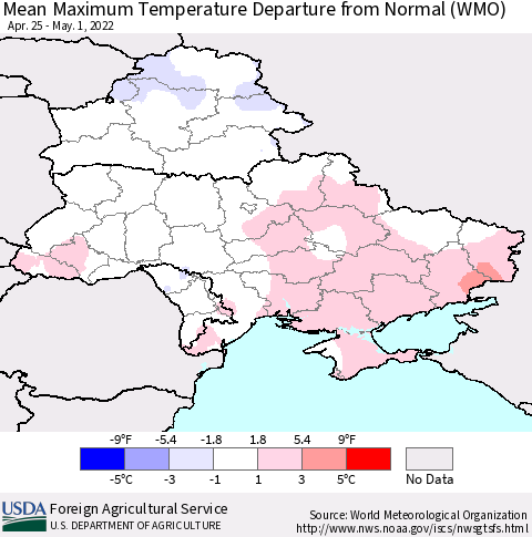 Ukraine, Moldova and Belarus Mean Maximum Temperature Departure from Normal (WMO) Thematic Map For 4/25/2022 - 5/1/2022