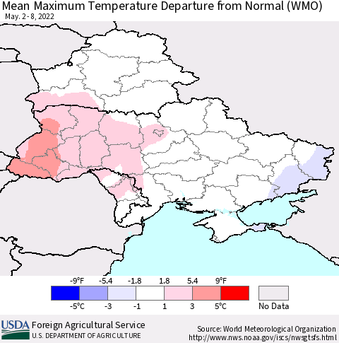 Ukraine, Moldova and Belarus Mean Maximum Temperature Departure from Normal (WMO) Thematic Map For 5/2/2022 - 5/8/2022