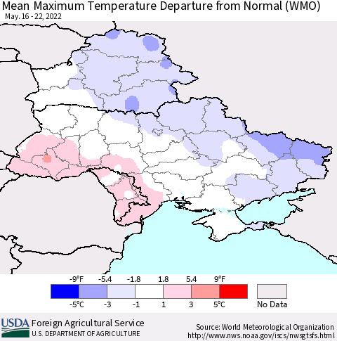 Ukraine, Moldova and Belarus Mean Maximum Temperature Departure from Normal (WMO) Thematic Map For 5/16/2022 - 5/22/2022