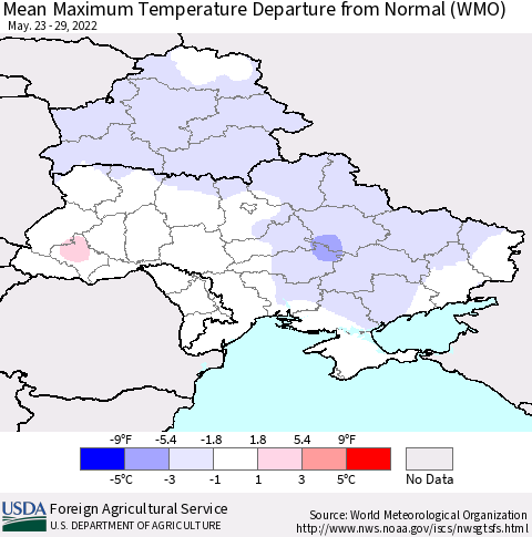 Ukraine, Moldova and Belarus Mean Maximum Temperature Departure from Normal (WMO) Thematic Map For 5/23/2022 - 5/29/2022