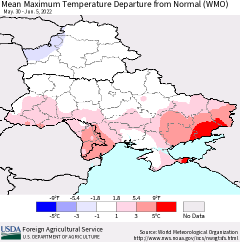 Ukraine, Moldova and Belarus Mean Maximum Temperature Departure from Normal (WMO) Thematic Map For 5/30/2022 - 6/5/2022