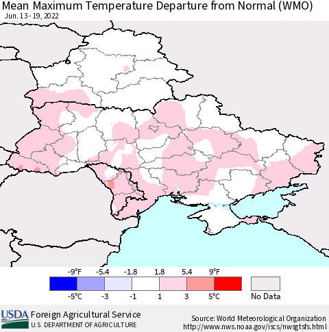Ukraine, Moldova and Belarus Mean Maximum Temperature Departure from Normal (WMO) Thematic Map For 6/13/2022 - 6/19/2022