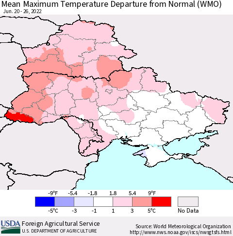 Ukraine, Moldova and Belarus Mean Maximum Temperature Departure from Normal (WMO) Thematic Map For 6/20/2022 - 6/26/2022