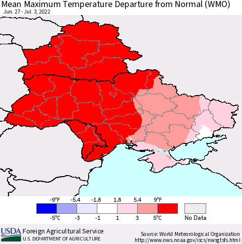 Ukraine, Moldova and Belarus Mean Maximum Temperature Departure from Normal (WMO) Thematic Map For 6/27/2022 - 7/3/2022