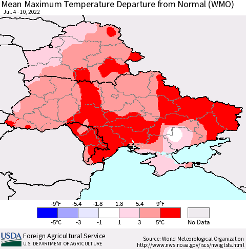 Ukraine, Moldova and Belarus Mean Maximum Temperature Departure from Normal (WMO) Thematic Map For 7/4/2022 - 7/10/2022