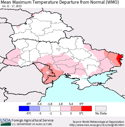 Ukraine, Moldova and Belarus Mean Maximum Temperature Departure from Normal (WMO) Thematic Map For 7/11/2022 - 7/17/2022