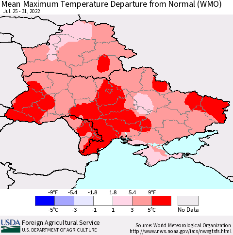 Ukraine, Moldova and Belarus Mean Maximum Temperature Departure from Normal (WMO) Thematic Map For 7/25/2022 - 7/31/2022