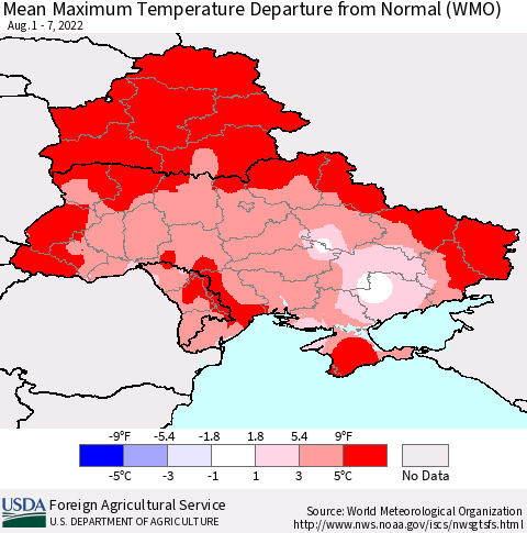 Ukraine, Moldova and Belarus Mean Maximum Temperature Departure from Normal (WMO) Thematic Map For 8/1/2022 - 8/7/2022