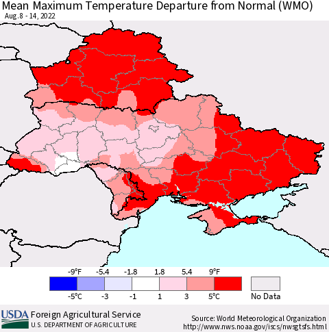 Ukraine, Moldova and Belarus Mean Maximum Temperature Departure from Normal (WMO) Thematic Map For 8/8/2022 - 8/14/2022
