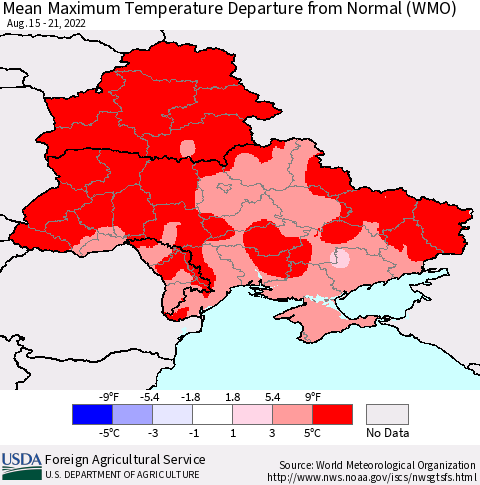 Ukraine, Moldova and Belarus Mean Maximum Temperature Departure from Normal (WMO) Thematic Map For 8/15/2022 - 8/21/2022