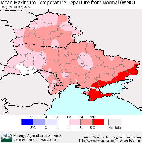 Ukraine, Moldova and Belarus Mean Maximum Temperature Departure from Normal (WMO) Thematic Map For 8/29/2022 - 9/4/2022