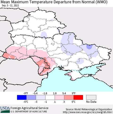 Ukraine, Moldova and Belarus Mean Maximum Temperature Departure from Normal (WMO) Thematic Map For 9/5/2022 - 9/11/2022