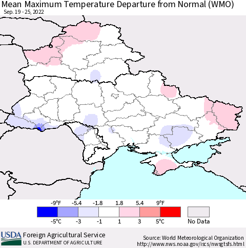 Ukraine, Moldova and Belarus Mean Maximum Temperature Departure from Normal (WMO) Thematic Map For 9/19/2022 - 9/25/2022