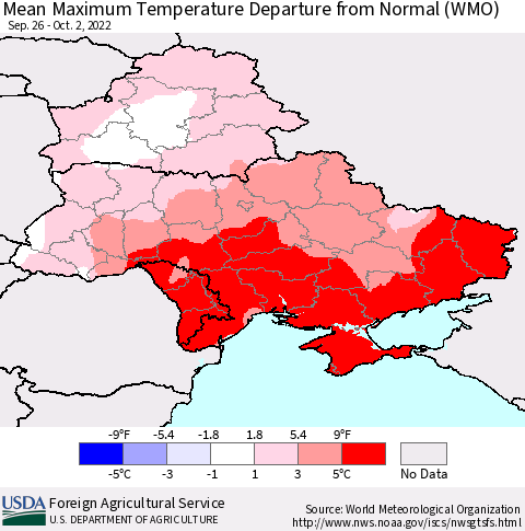Ukraine, Moldova and Belarus Mean Maximum Temperature Departure from Normal (WMO) Thematic Map For 9/26/2022 - 10/2/2022