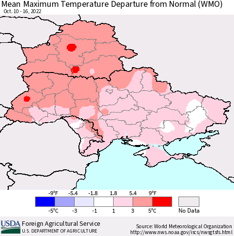 Ukraine, Moldova and Belarus Mean Maximum Temperature Departure from Normal (WMO) Thematic Map For 10/10/2022 - 10/16/2022