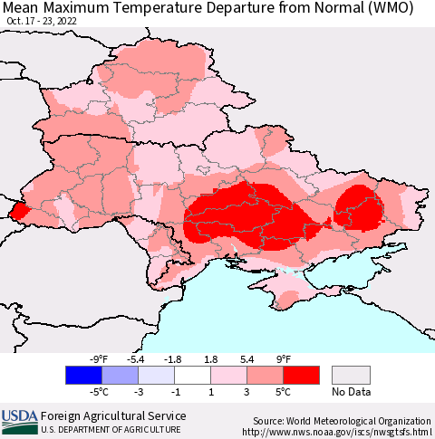 Ukraine, Moldova and Belarus Mean Maximum Temperature Departure from Normal (WMO) Thematic Map For 10/17/2022 - 10/23/2022