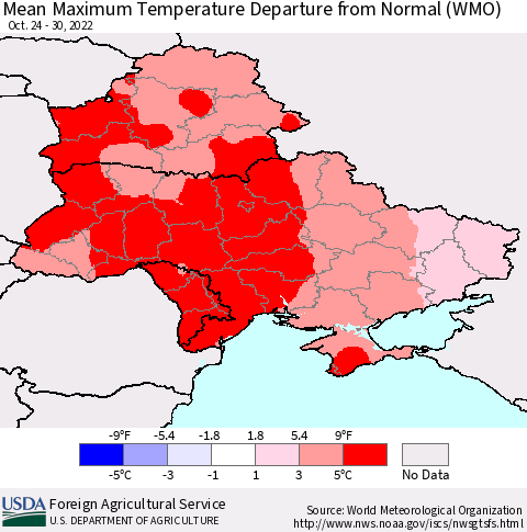 Ukraine, Moldova and Belarus Mean Maximum Temperature Departure from Normal (WMO) Thematic Map For 10/24/2022 - 10/30/2022