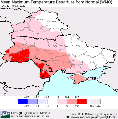 Ukraine, Moldova and Belarus Mean Maximum Temperature Departure from Normal (WMO) Thematic Map For 10/31/2022 - 11/6/2022