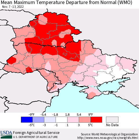 Ukraine, Moldova and Belarus Mean Maximum Temperature Departure from Normal (WMO) Thematic Map For 11/7/2022 - 11/13/2022