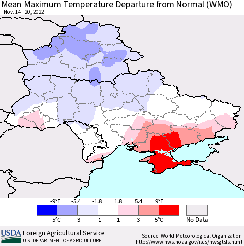 Ukraine, Moldova and Belarus Mean Maximum Temperature Departure from Normal (WMO) Thematic Map For 11/14/2022 - 11/20/2022