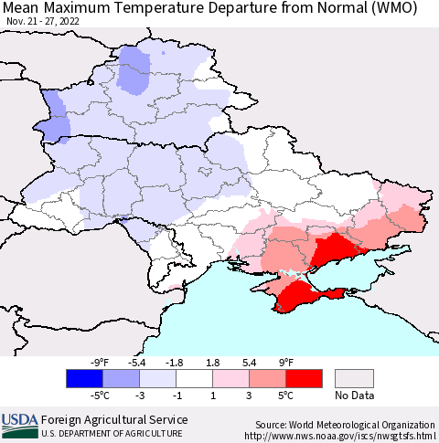 Ukraine, Moldova and Belarus Mean Maximum Temperature Departure from Normal (WMO) Thematic Map For 11/21/2022 - 11/27/2022