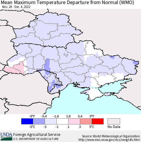 Ukraine, Moldova and Belarus Mean Maximum Temperature Departure from Normal (WMO) Thematic Map For 11/28/2022 - 12/4/2022
