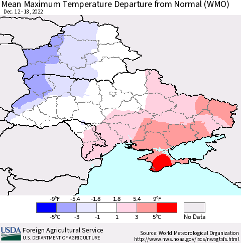 Ukraine, Moldova and Belarus Mean Maximum Temperature Departure from Normal (WMO) Thematic Map For 12/12/2022 - 12/18/2022