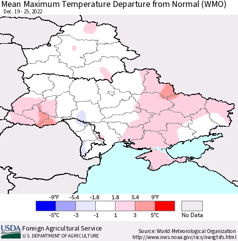 Ukraine, Moldova and Belarus Mean Maximum Temperature Departure from Normal (WMO) Thematic Map For 12/19/2022 - 12/25/2022