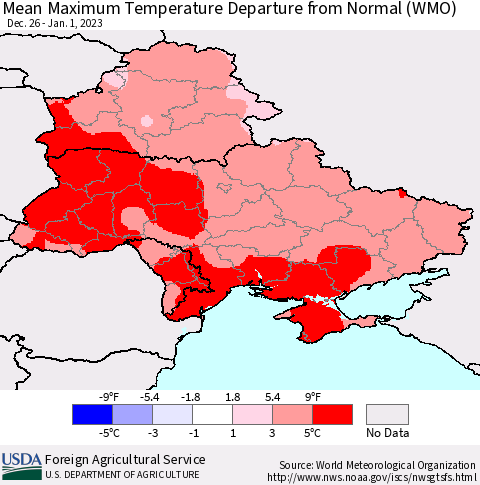 Ukraine, Moldova and Belarus Mean Maximum Temperature Departure from Normal (WMO) Thematic Map For 12/26/2022 - 1/1/2023