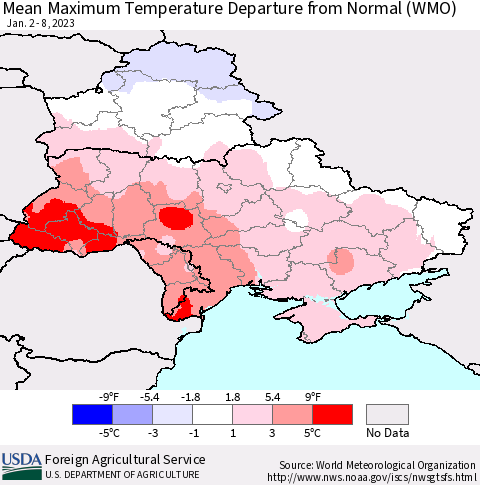 Ukraine, Moldova and Belarus Mean Maximum Temperature Departure from Normal (WMO) Thematic Map For 1/2/2023 - 1/8/2023