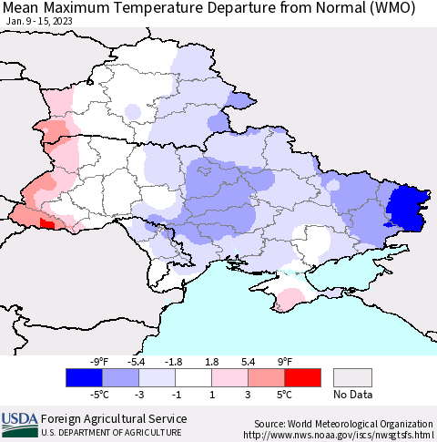 Ukraine, Moldova and Belarus Mean Maximum Temperature Departure from Normal (WMO) Thematic Map For 1/9/2023 - 1/15/2023