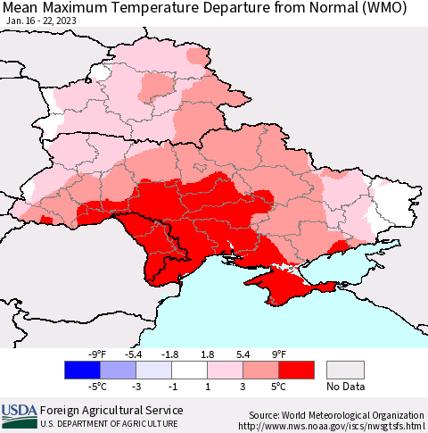 Ukraine, Moldova and Belarus Mean Maximum Temperature Departure from Normal (WMO) Thematic Map For 1/16/2023 - 1/22/2023
