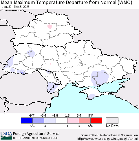 Ukraine, Moldova and Belarus Mean Maximum Temperature Departure from Normal (WMO) Thematic Map For 1/30/2023 - 2/5/2023