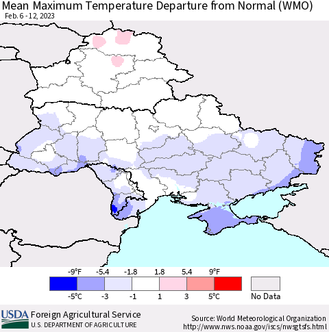 Ukraine, Moldova and Belarus Mean Maximum Temperature Departure from Normal (WMO) Thematic Map For 2/6/2023 - 2/12/2023