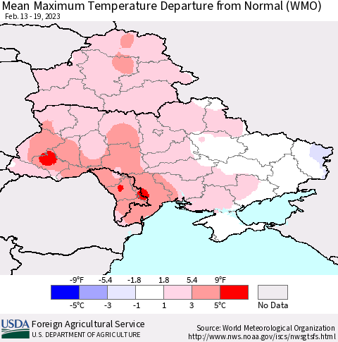 Ukraine, Moldova and Belarus Mean Maximum Temperature Departure from Normal (WMO) Thematic Map For 2/13/2023 - 2/19/2023