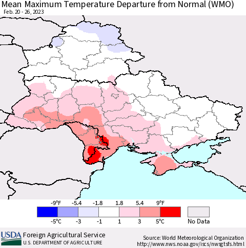 Ukraine, Moldova and Belarus Mean Maximum Temperature Departure from Normal (WMO) Thematic Map For 2/20/2023 - 2/26/2023