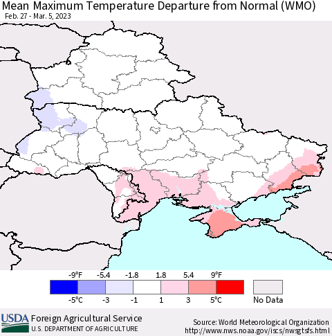 Ukraine, Moldova and Belarus Mean Maximum Temperature Departure from Normal (WMO) Thematic Map For 2/27/2023 - 3/5/2023
