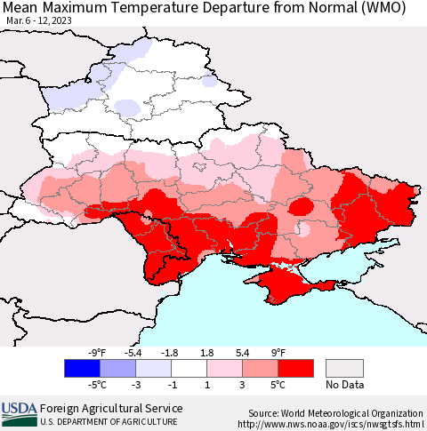 Ukraine, Moldova and Belarus Mean Maximum Temperature Departure from Normal (WMO) Thematic Map For 3/6/2023 - 3/12/2023