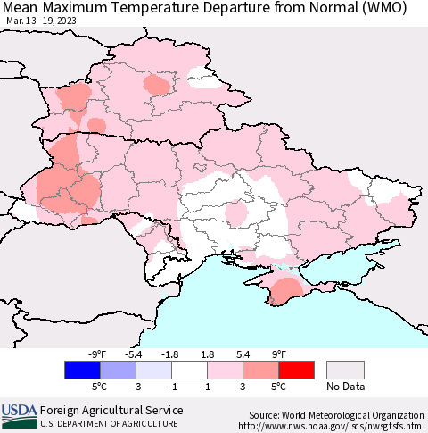 Ukraine, Moldova and Belarus Mean Maximum Temperature Departure from Normal (WMO) Thematic Map For 3/13/2023 - 3/19/2023
