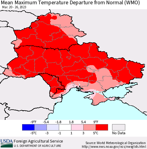Ukraine, Moldova and Belarus Mean Maximum Temperature Departure from Normal (WMO) Thematic Map For 3/20/2023 - 3/26/2023