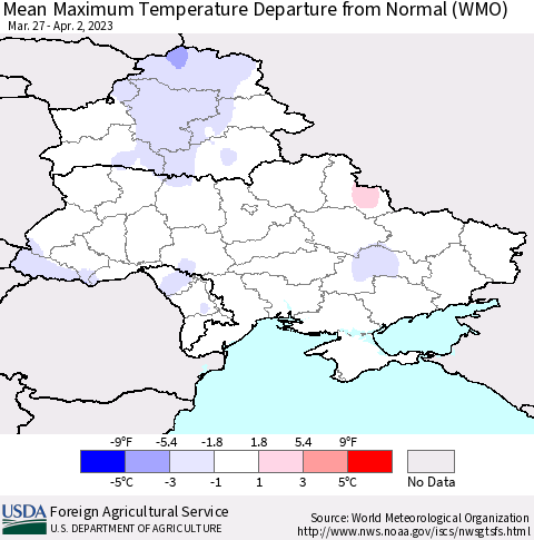 Ukraine, Moldova and Belarus Mean Maximum Temperature Departure from Normal (WMO) Thematic Map For 3/27/2023 - 4/2/2023
