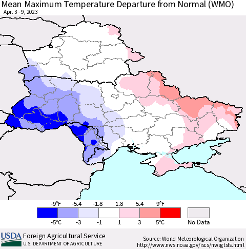Ukraine, Moldova and Belarus Mean Maximum Temperature Departure from Normal (WMO) Thematic Map For 4/3/2023 - 4/9/2023