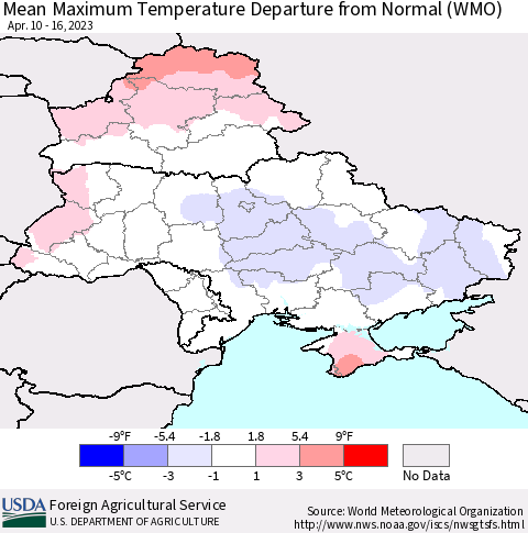 Ukraine, Moldova and Belarus Mean Maximum Temperature Departure from Normal (WMO) Thematic Map For 4/10/2023 - 4/16/2023