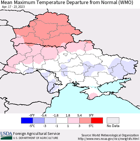 Ukraine, Moldova and Belarus Mean Maximum Temperature Departure from Normal (WMO) Thematic Map For 4/17/2023 - 4/23/2023