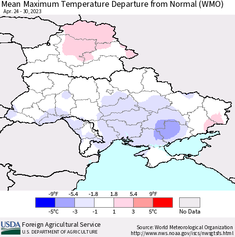 Ukraine, Moldova and Belarus Mean Maximum Temperature Departure from Normal (WMO) Thematic Map For 4/24/2023 - 4/30/2023