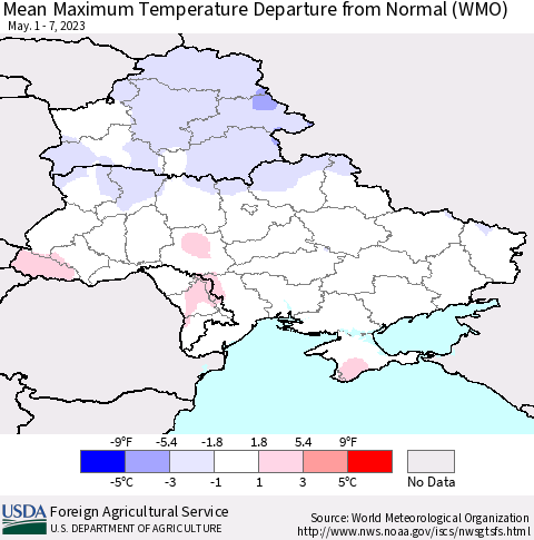 Ukraine, Moldova and Belarus Mean Maximum Temperature Departure from Normal (WMO) Thematic Map For 5/1/2023 - 5/7/2023