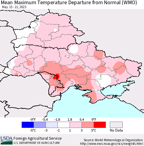 Ukraine, Moldova and Belarus Mean Maximum Temperature Departure from Normal (WMO) Thematic Map For 5/15/2023 - 5/21/2023