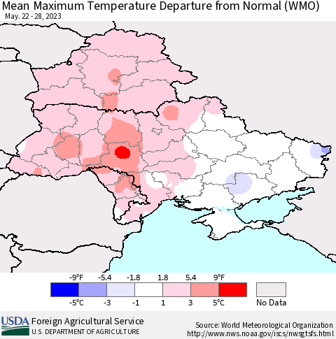 Ukraine, Moldova and Belarus Mean Maximum Temperature Departure from Normal (WMO) Thematic Map For 5/22/2023 - 5/28/2023