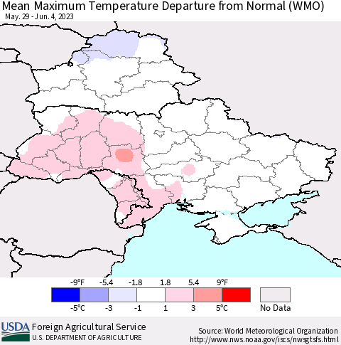 Ukraine, Moldova and Belarus Mean Maximum Temperature Departure from Normal (WMO) Thematic Map For 5/29/2023 - 6/4/2023