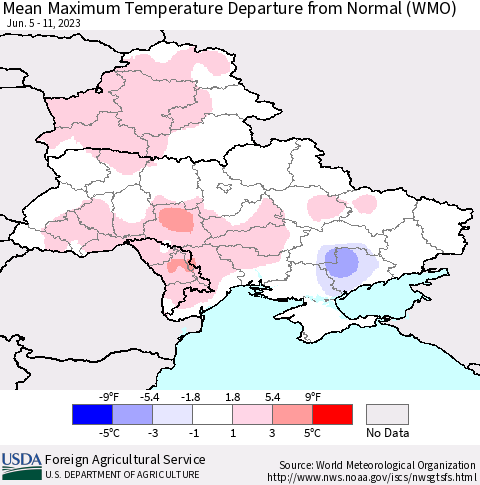 Ukraine, Moldova and Belarus Mean Maximum Temperature Departure from Normal (WMO) Thematic Map For 6/5/2023 - 6/11/2023